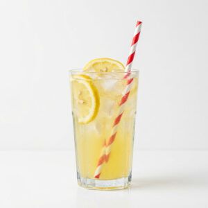 Glass of fresh lemonade over ice made from organic whole lemon powder