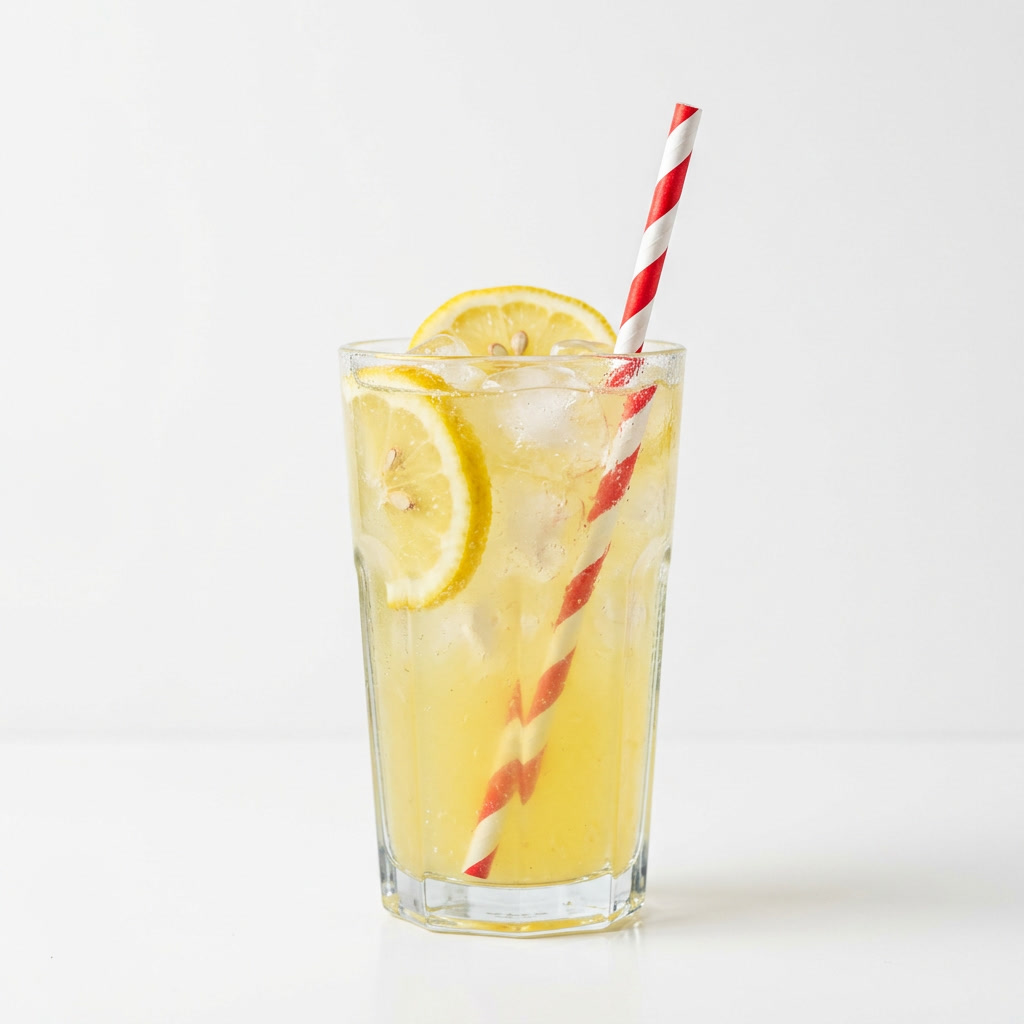 Glass of fresh lemonade over ice made from organic whole lemon powder